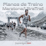 Ilustração de planos de treino de maratona e ultra trail, com corredor numa prova de montanha